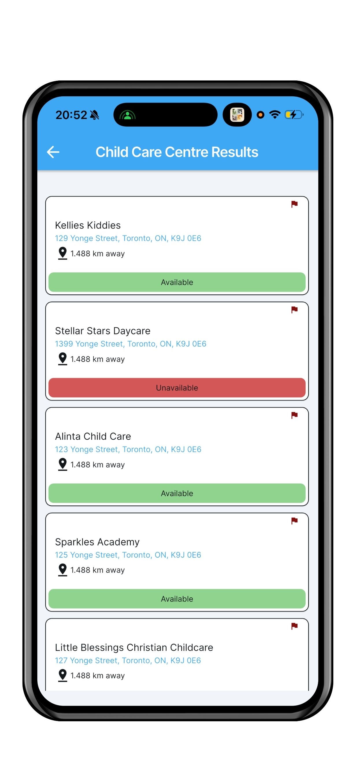 ChildSpot search results showing available licensed daycare centres near you in Ontario