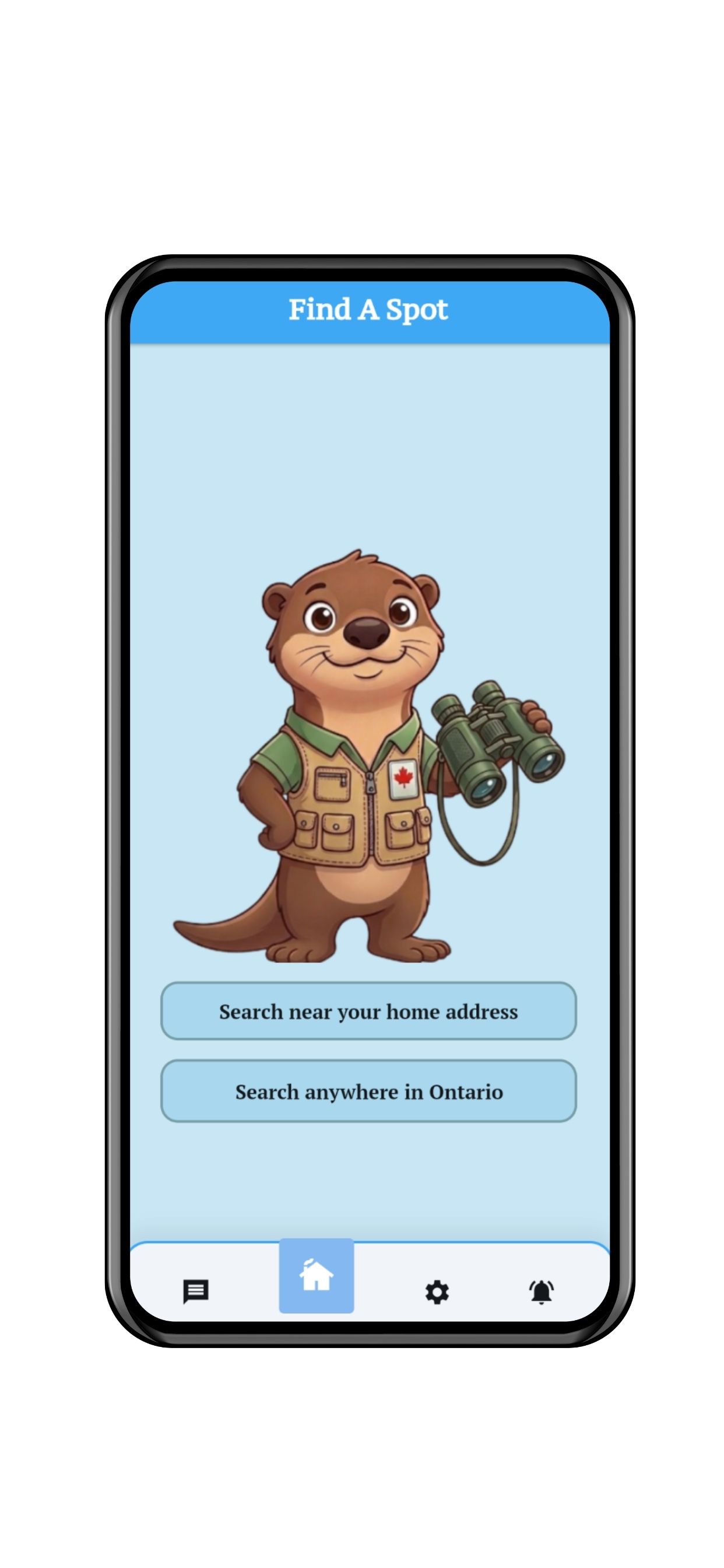 ChildSpot app search screen with Spotter the otter helping parents find licensed daycare in Ontario